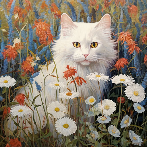 White cat in a field of flowers
