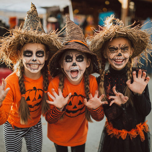 Three Young Girls in Halloween Costumes and Face Paint