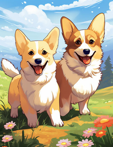 Corgis painted by kids in comic/cartoon style