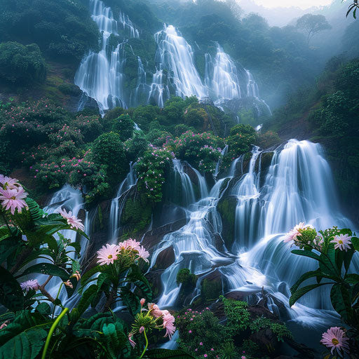 Dudh Sagar Waterfalls with rich greenery and exotic flowers