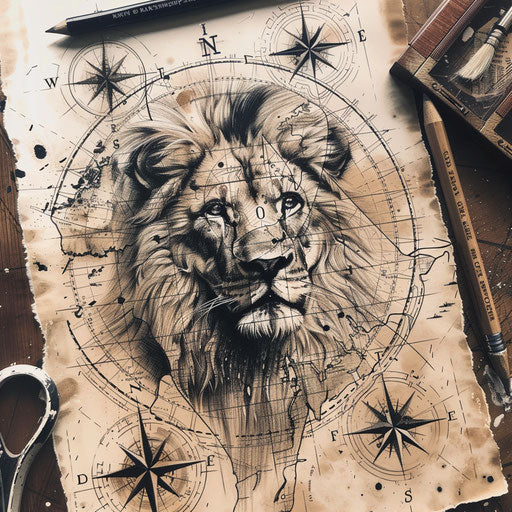Nautical map inspired tattoo sketch of the Lion of Judah