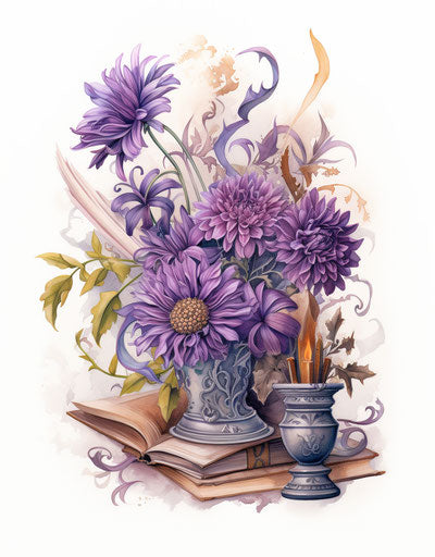 A purple aster and the word september in Victorian style