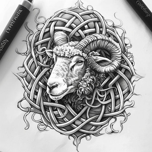 Intricate flat tattoo with sheep surrounded by ornate Celtic knot