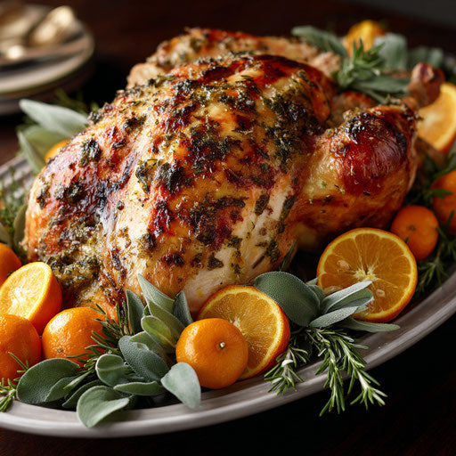 A Festive Turkey Surrounded by Colorful Garnishes