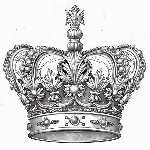 Detailed crown with Renaissance-inspired artwork and filigree. Coloring book page
