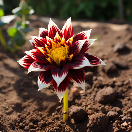 Yellow striped flower in a bed, dark and light red, mythic symbolism