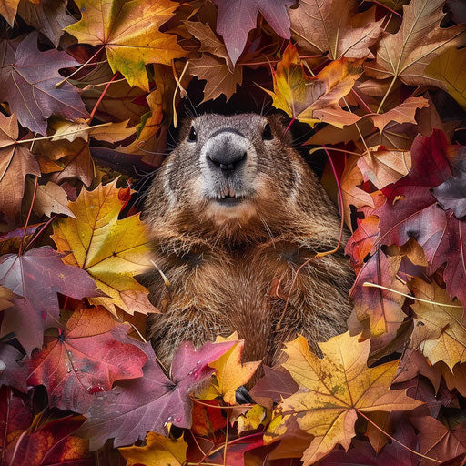 Groundhog surrounded by colorful autumn leaves