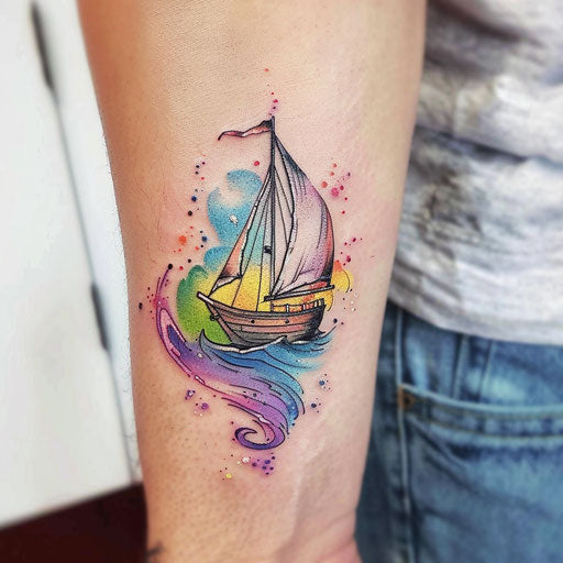 Boat on the vibrant and colorful rainbow sea