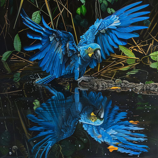A Spix's macaw navigating a riverbank, reflection in the water