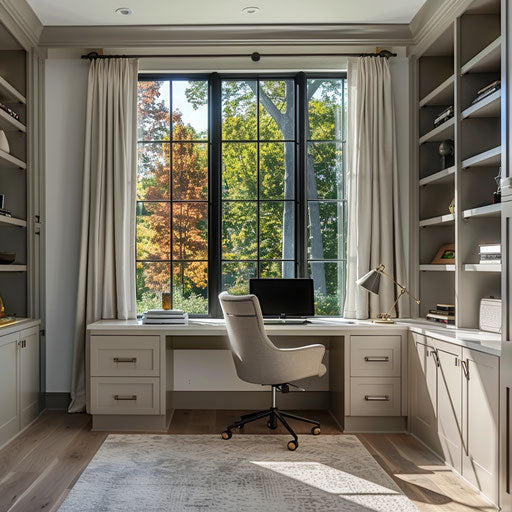 Serene home office with large window and organized workspace
