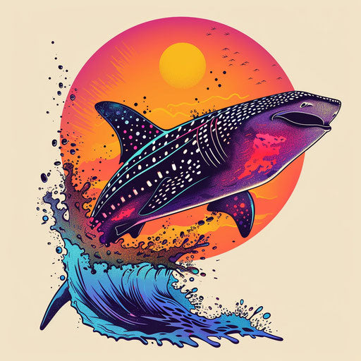 Vibrant flat tattoo sketch of a whale shark leaping out of water with sunset colors
