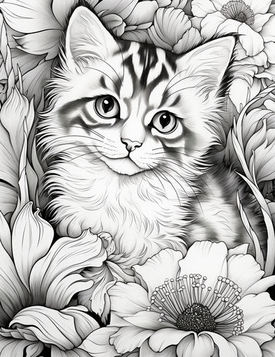 Kitten in a flower coloring page