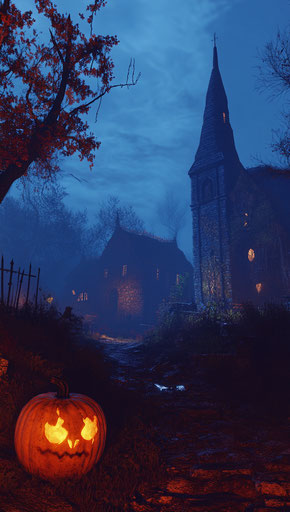 Spooky pumpkin in haunted village at night