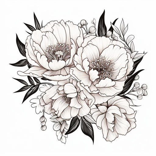 Drawing of the peony, bold floral arrangements, black lines