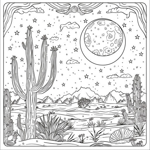 Ornate illustration of a desert night scene with a full moon and stars. Coloring book page
