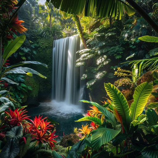 Waterfall surrounded by vibrant lush jungle