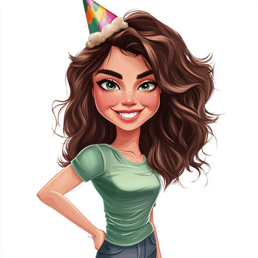 Humorous caricature of a birthday party with exaggerated human characteristics