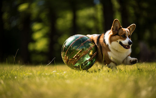 Big dog walking in the grass with a ball in its mouth