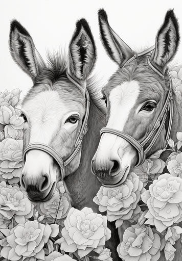 Donkeys with flowers free coloring page, guided borelli da caluso style