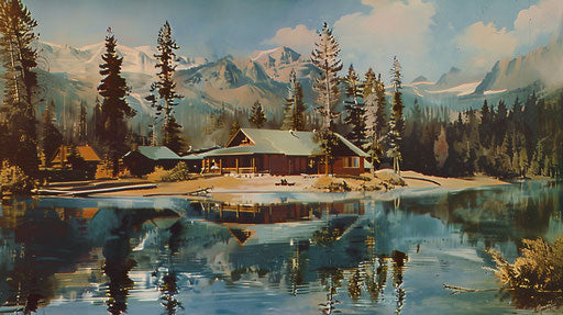 Vintage film poster, mountain lodge in front of a lake, western