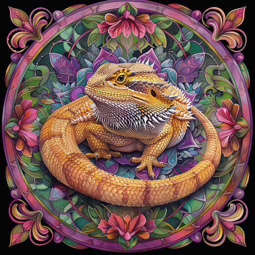 Bearded dragon in a nature-inspired mandala, balance & harmony