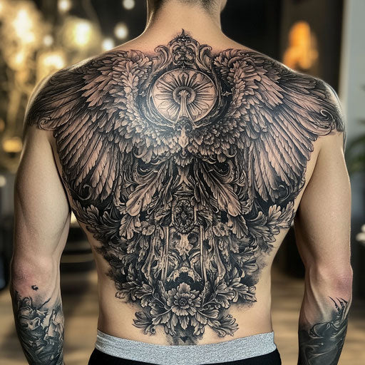 Tattoo wings on back with majestic angel wings and heavenly symbols