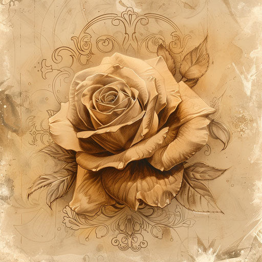 Vintage tattoo sketch of an amber rose with classic Victorian filigree in sepia tones