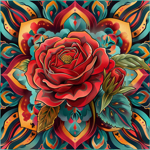 Vibrant gypsy rose on colorful bohemian patterns backdrop
