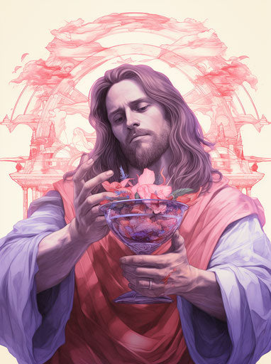 jesus holding a utensil in a precise style