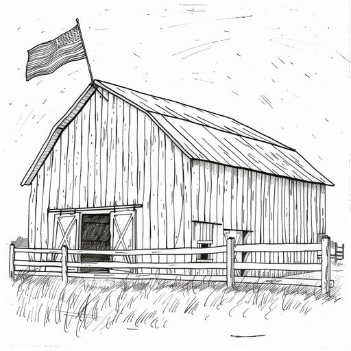 Barn with American flag, coloring book page