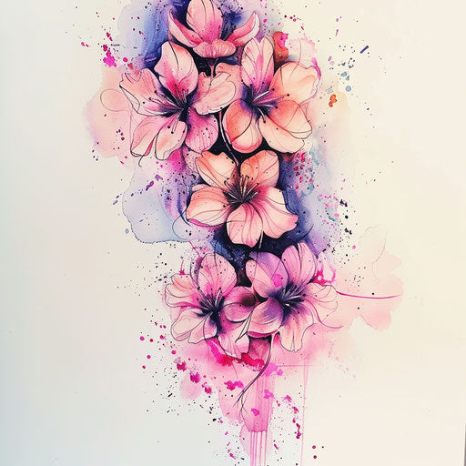 Artistic flat tattoo sketch of sakura flowers merging into a watercolor splash