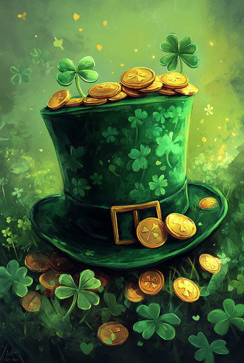 Green hat with gold coins and shamrocks, St. Patrick's theme