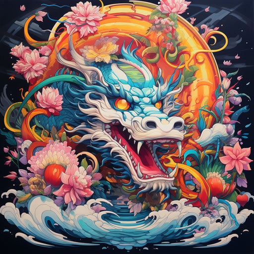 Chinese dragon and lotus flower poster, graffiti-inspired animals, vibrant neo-traditional