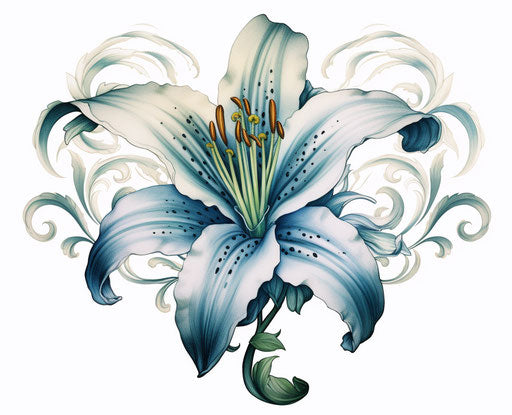 Blue lily drawing in classic tattoo style