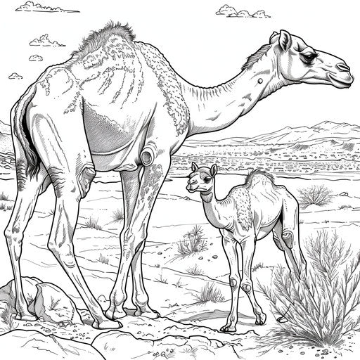 Camel mother and calf walking side by side in the desert