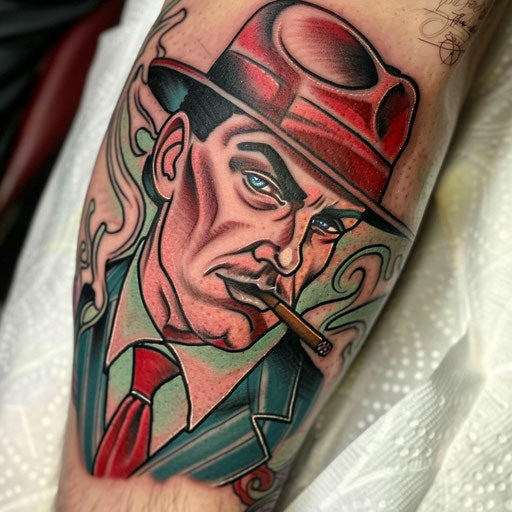 Neo-traditional tattoo of a gangster with a cigar
