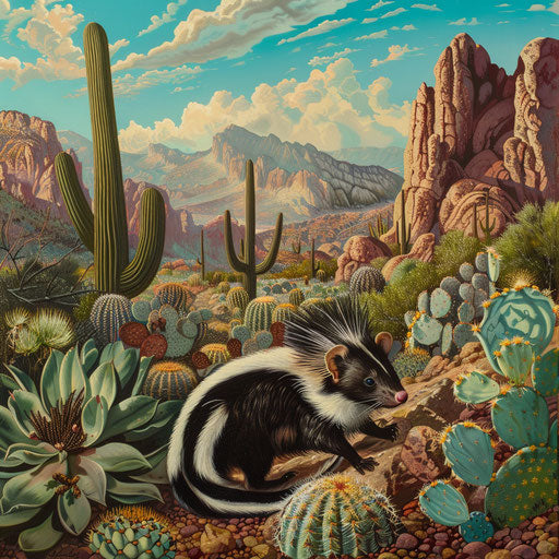 An eastward spotted skunk exploring cactus-filled desert, with dramatic mountain backdrop
