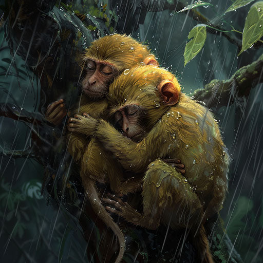 Monkeys cuddling to share warmth in the rainstorm