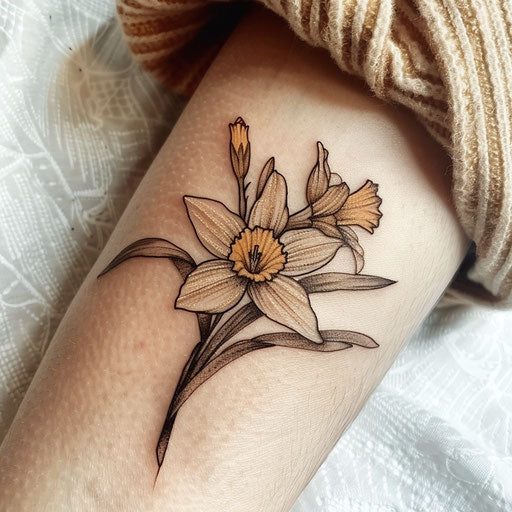 Narcissus flower tattoo in folk art on white linen background