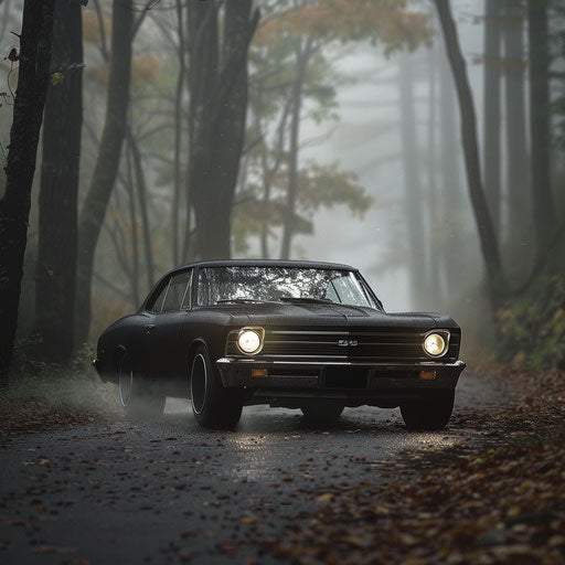 1967 Chevy Bel Air cruising misty forest road in morning