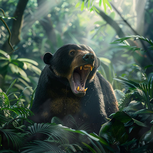 Sun bear roaring in dense jungle