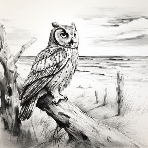 Ink drawing of an owl on the beach