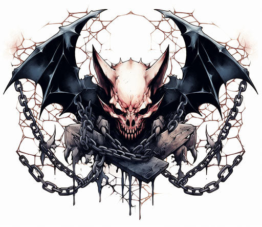 Skull and bat with chain tattoo in graphic graffiti style