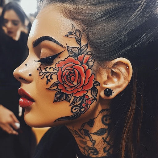 Face tattoos for women with a vintage rose design, in the style of Ed Hardy