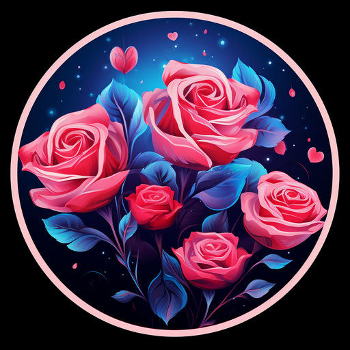 Circle shaped sticker with pink rose and red hearts