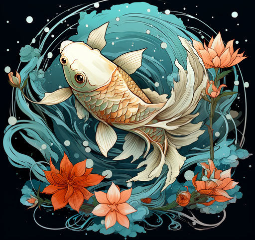Koi fish in lotus with waves and stars