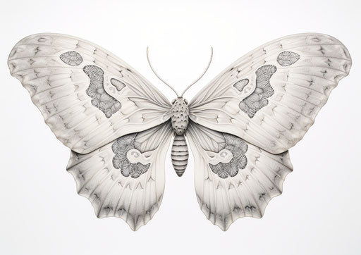 Black and white molting moth with energy-filled illustrations