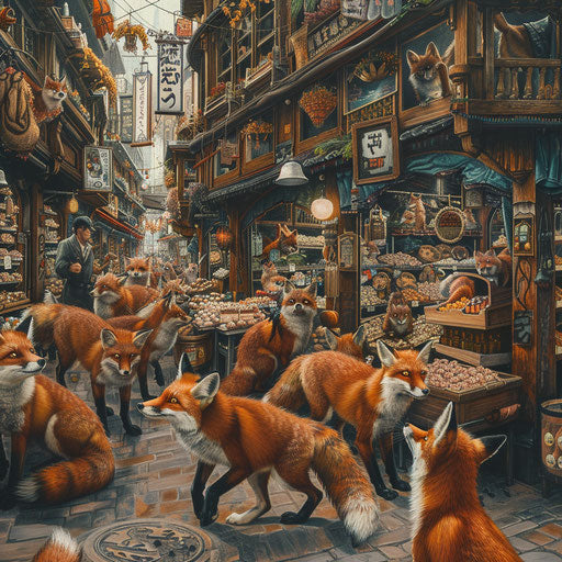 Curious foxes in a bustling market