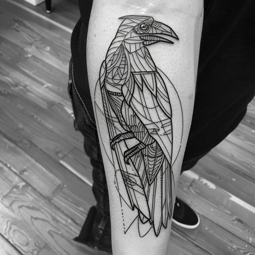 Outline tattoo of a raven, in the style of Adrian Smith