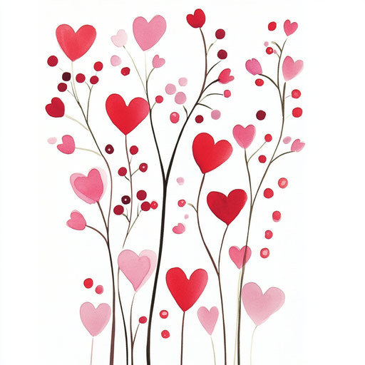 35 pink and red heart-shaped floral stems with berries on white